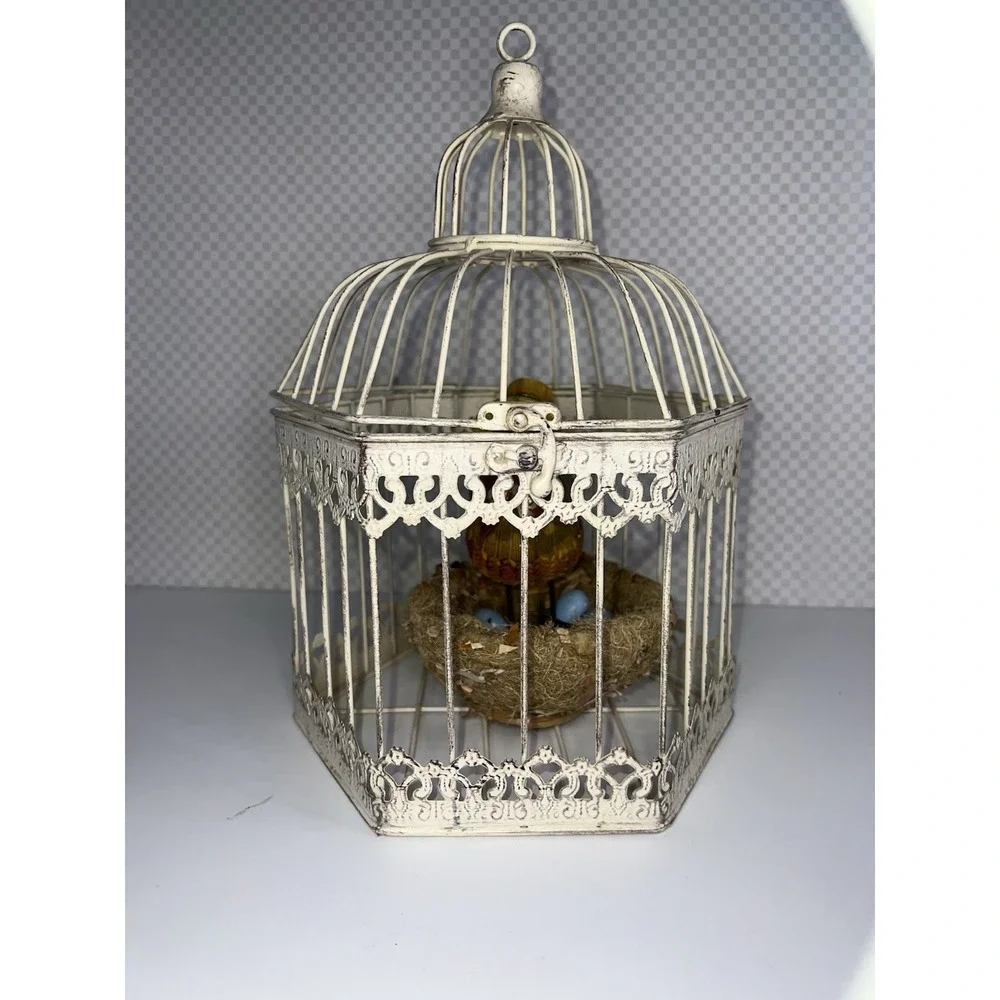 Bird Cage Vintage Cream Color Metal Shabby Chic Cottage Hinge Clasp Lift Top